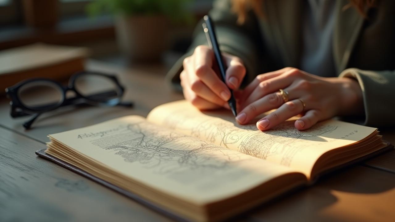 A quiet moment of reflection with a travel journal and map on a rustic wooden table.